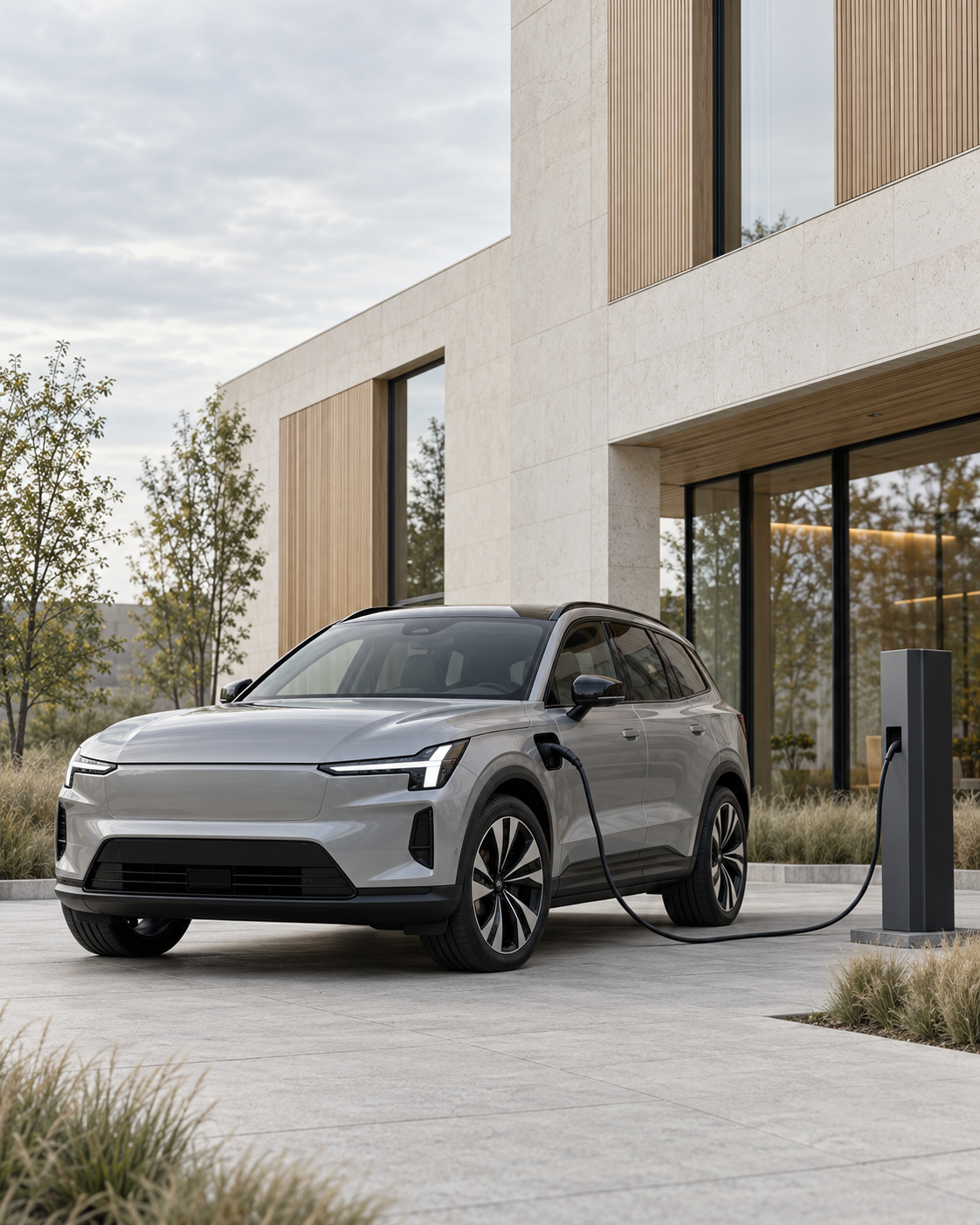 现代电动车连接充电桩，背景为浅色石材与木饰面的北欧建筑 / Electric vehicle charging outside a Scandinavian-style commercial building